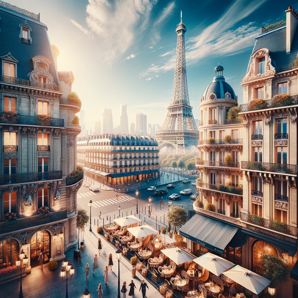 A panoramic view of Paris with the Eiffel Tower in the backdrop, highlighting the city's romantic and luxurious ambiance.
